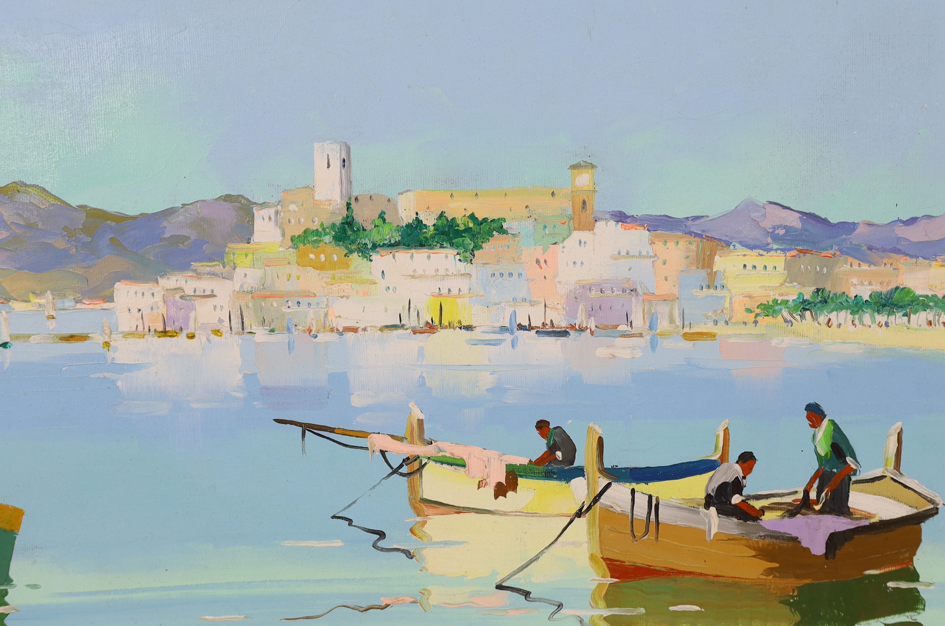 Cecil Rochfort D'Oyly-John (English, 1906-1993), Fishing boats along the Mediterranean coast, oil on board, 33 x 69cm